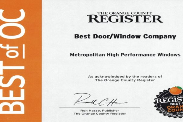 Metropolitan Earns “Best of Orange County 2019: Best Door & Window Company” Award