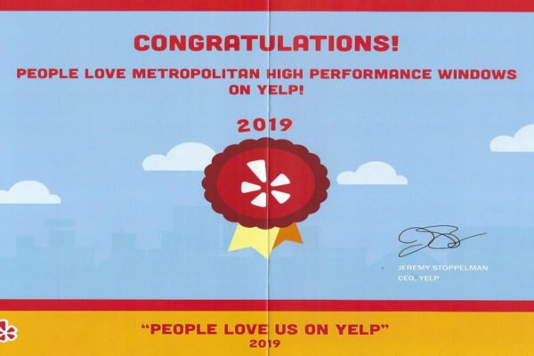 Metropolitan High Performance Windows Earns “People Love Us On Yelp!” 2019 Award