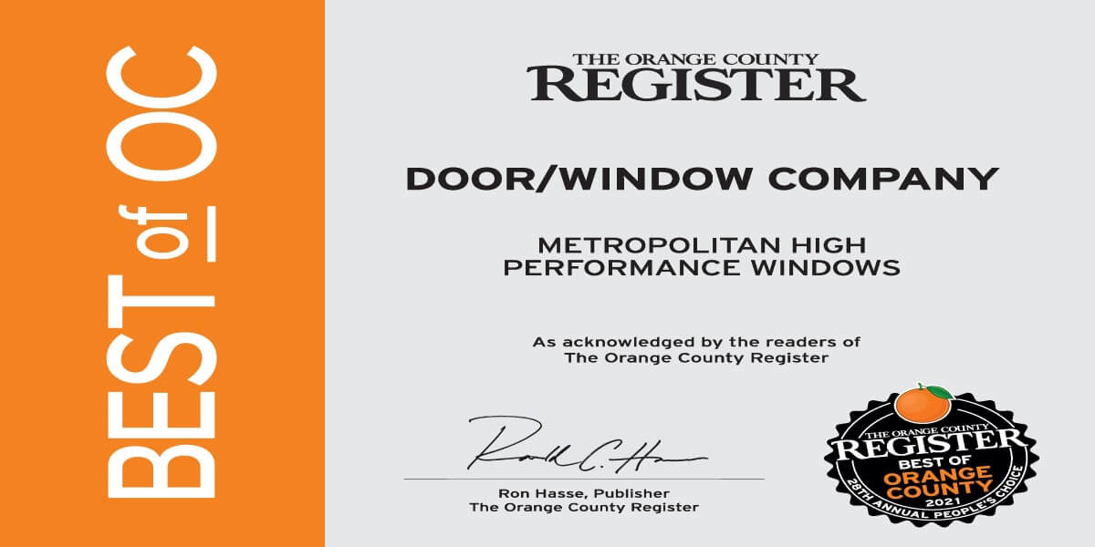 Certificate: Best of OC 2021 Best Door & Window Company in Orange County