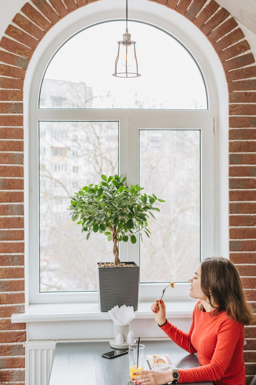 2148172477 A woman in red enjoys her meal at a table by a window with a potted plant, the graceful lines of the shaped windows perfectly framing the scene.